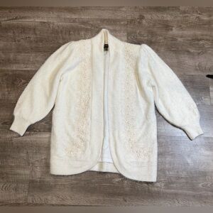 CARINA Vintage 80's Angora Rabbit Coat Floral Beaded Cardigan Large Soft Cottage